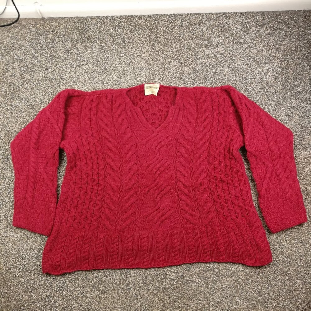 Kilronan Knitwear Sweater Wool Cable Knit Fisherman V Neck Red Womens Medium
